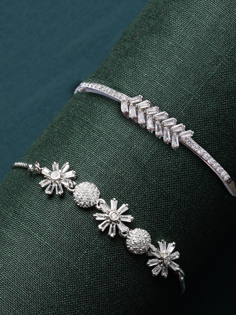 Rhodium Plated Silver Toned Floral Design Set Of 2 Adjustable Bracelet & Classic Bracelet