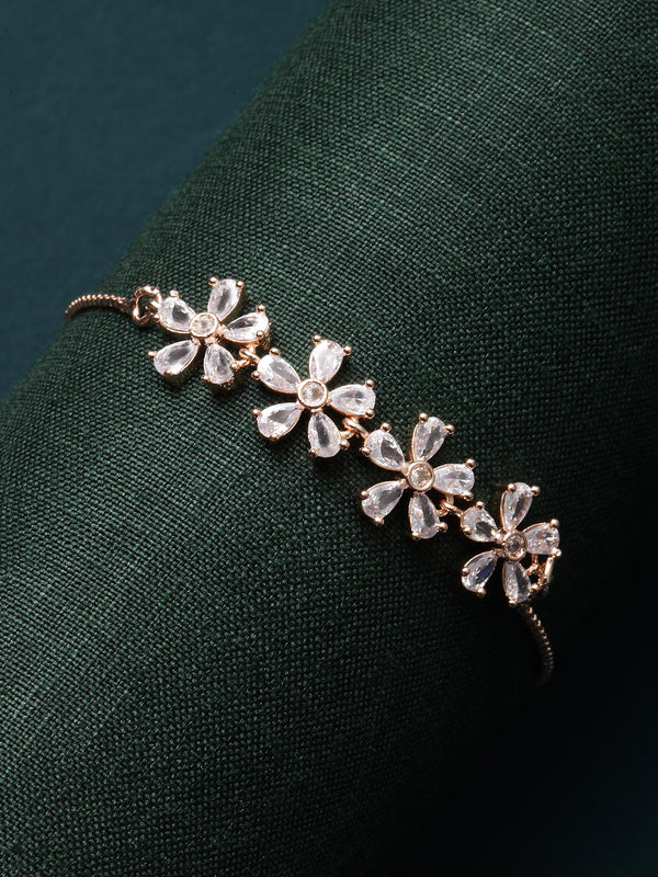 Rose Gold-Plated White American Diamond studded Floral Shaped Link Bracelet