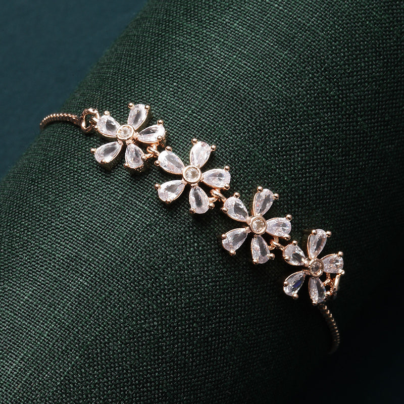 Rose Gold Plated White Floral Shaped American Diamond Studded  Bracelet
