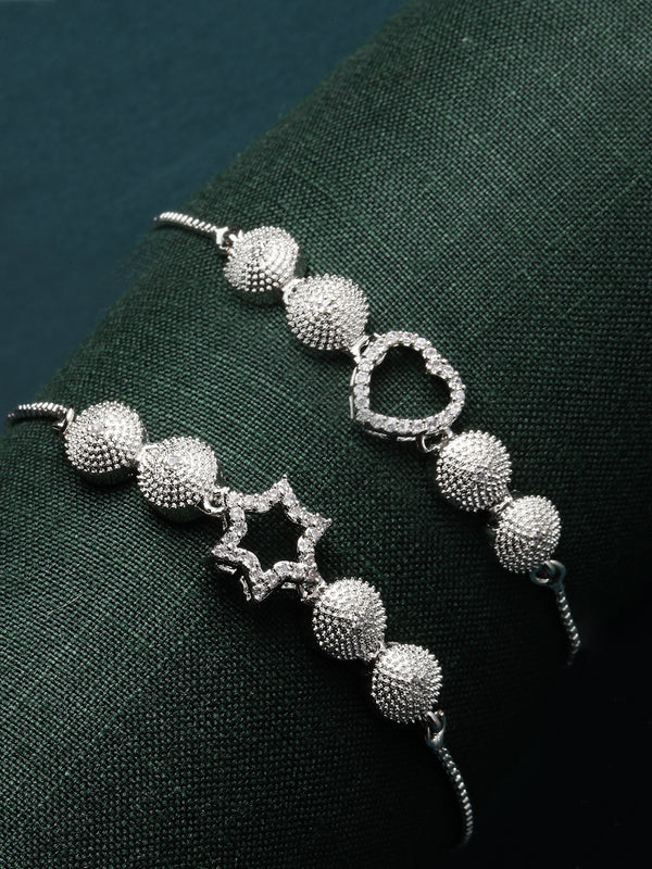 Rhodium Plated Silver Toned American Diamond Studded Heart & Star Charm Adjustable Bracelet Combo Set of 2