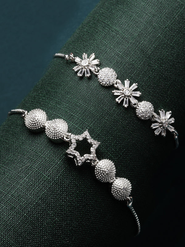 Rhodium Plated Silver Toned American Diamond Studded Halo Star Charm & Floral Design Adjustable Bracelet Combo Set of 2