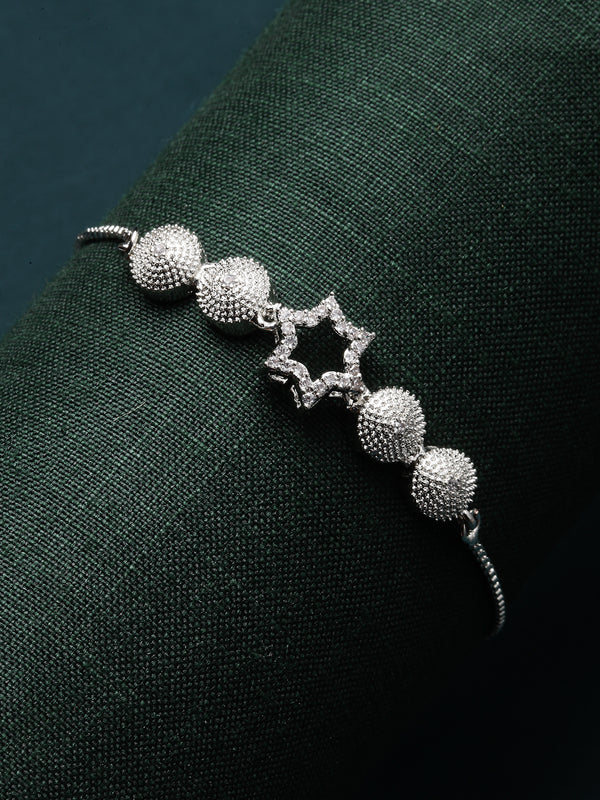 Rhodium-Plated Silver Toned White American Diamond studded Star Shaped Link Bracelet