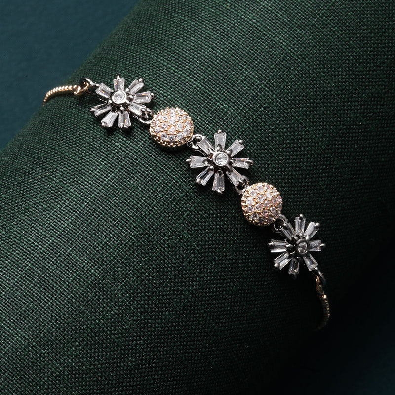Rose Gold-Plated Black Toned Flower & Round Shaped White American Diamond studded Link Bracelet