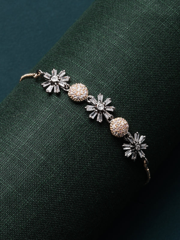 Rose Gold-Plated Gunmetal Toned White American Diamond studded Flower & Round Shaped Link Bracelet