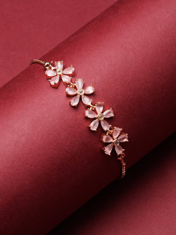 Rose Gold-Plated Pink American Diamond studded Floral Shaped Link Bracelet
