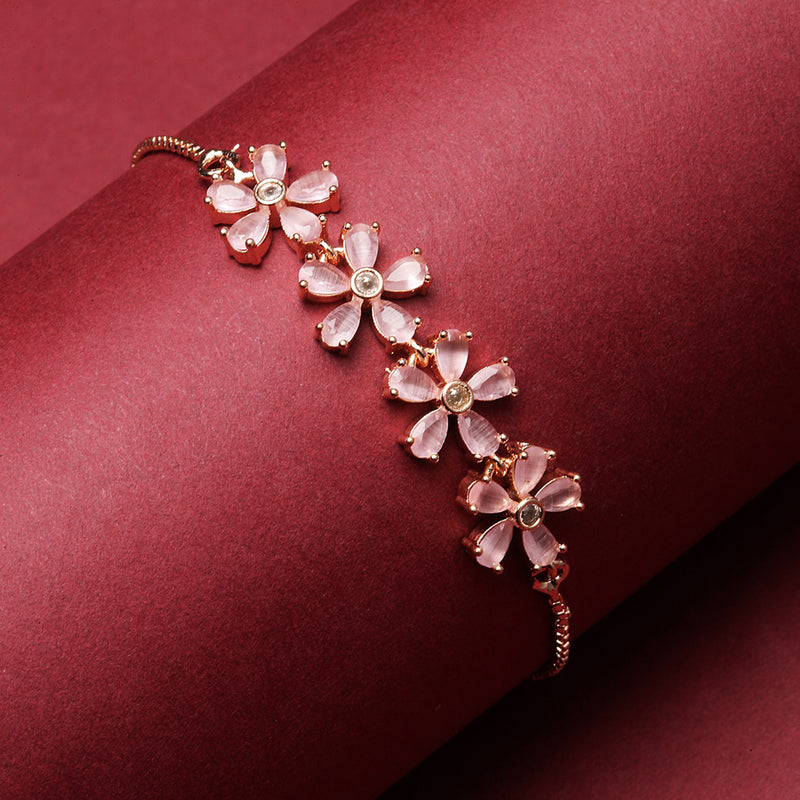 Rose Gold-Plated Pink Floral Shaped American Diamond Studded  Bracelet