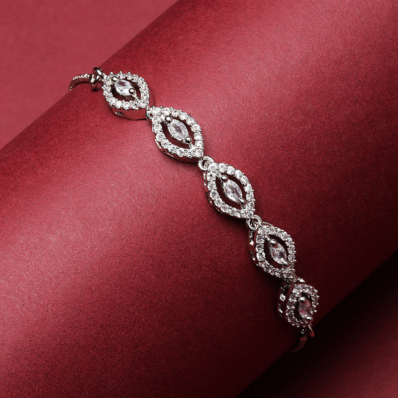 Rhodium Plated Silver Toned Leaf Shaped White American Diamond Studded Bracelet