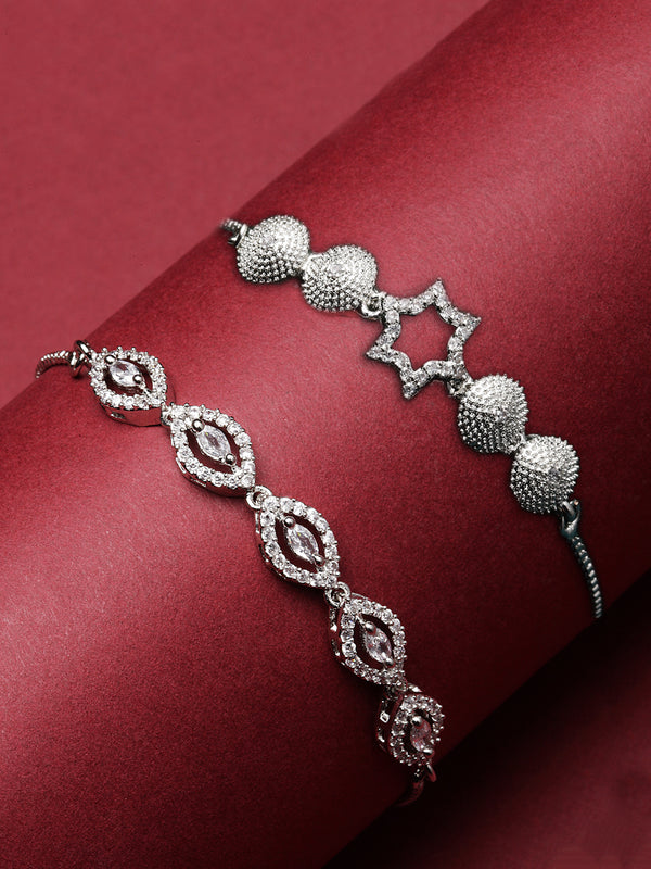 Rhodium Plated Silver Toned American Diamond Studded Halo Teardrop Design & Star Charm Adjustable Bracelet Combo Set of 2