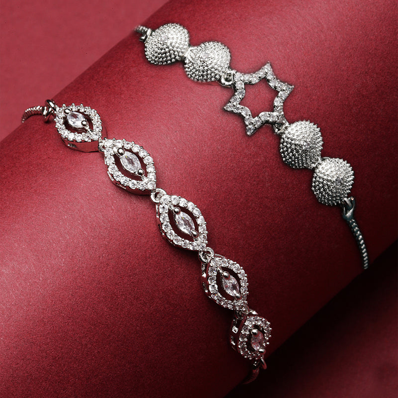 Rhodium Plated Silver Toned American Diamond Studded Halo Teardrop Design & Star Charm Adjustable Bracelet Combo Set of 2