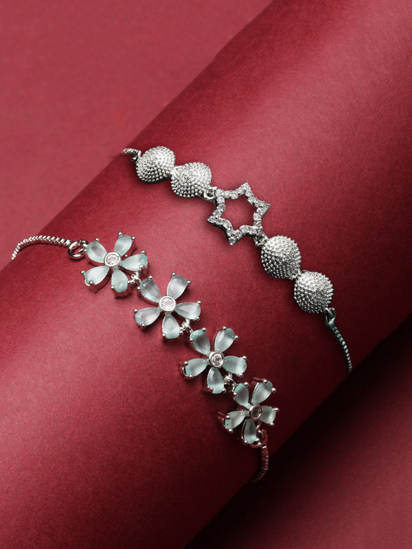 Rhodium Plated Silver Toned American Diamond Studded Star Charm & Sea Green Floral Design Adjustable Bracelet Combo Set of 2