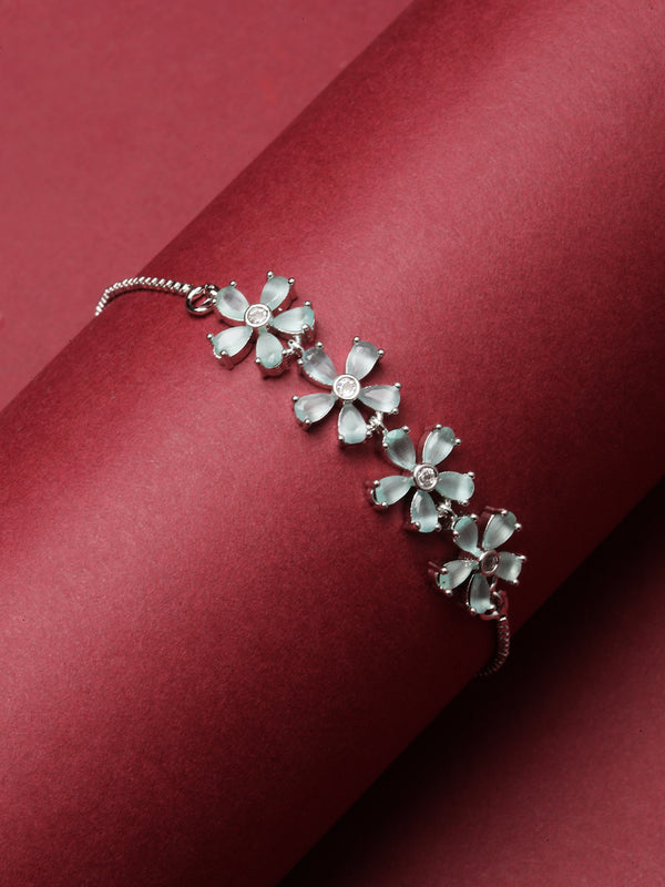 Rhodium-Plated Silver Toned Sea Green American Diamond studded Floral Shaped Link Bracelet