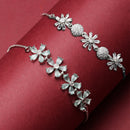 Rhodium Plated Silver Toned Sea Green Floral Set Of 2 Adjustable Stackable Bracelet
