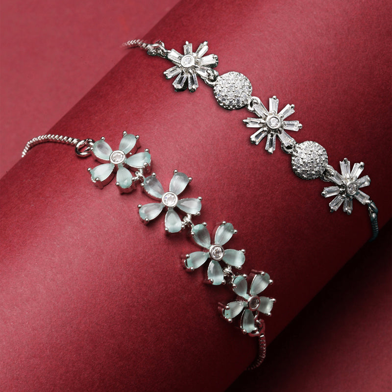 Rhodium Plated Silver Toned Sea Green Floral Set Of 2 Adjustable Stackable Bracelet
