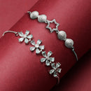 Rhodium Plated Silver Toned American Diamond Studded Star Charm & Sea Green Floral Design Adjustable Bracelet Combo Set of 2