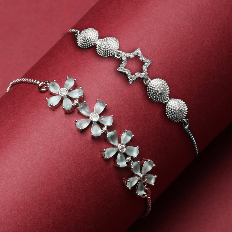 Rhodium Plated Silver Toned American Diamond Studded Star Charm & Sea Green Floral Design Adjustable Bracelet Combo Set of 2