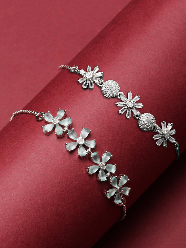 Rhodium Plated Silver Toned Sea Green Floral Set Of 2 Adjustable Stackable Bracelet