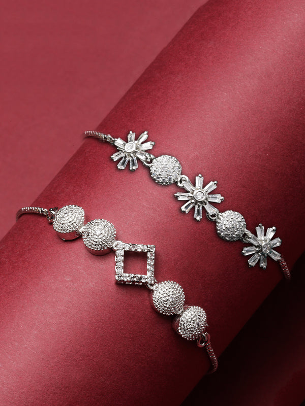 Rhodium Plated Silver Toned American Diamond Studded Square & Floral Charm Adjustable Bracelet Combo Set of 2