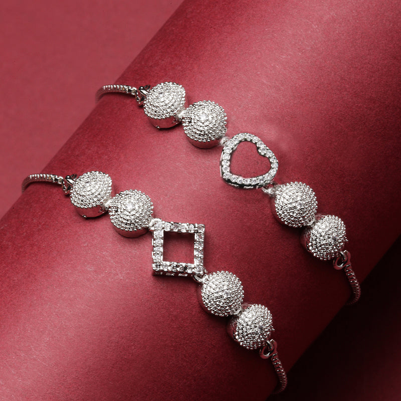 Rhodium Plated Silver Toned American Diamond Studded Halo Heart & Square Charm Adjustable Bracelet Combo Set of 2