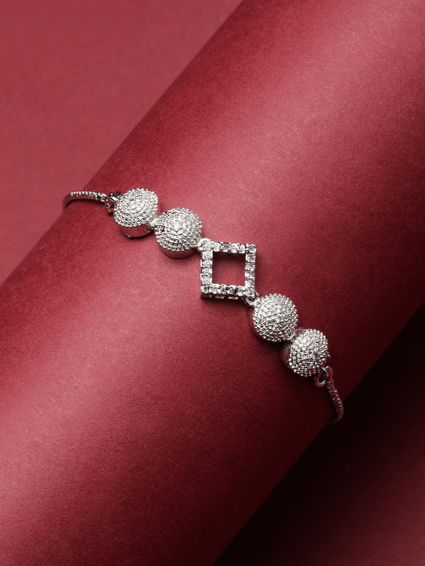 Rhodium-Plated Silver Toned White American Diamond studded Square Shaped Link Bracelet