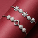 Rhodium Plated Silver Toned American Diamond Studded Square & Floral Charm Adjustable Bracelet Combo Set of 2