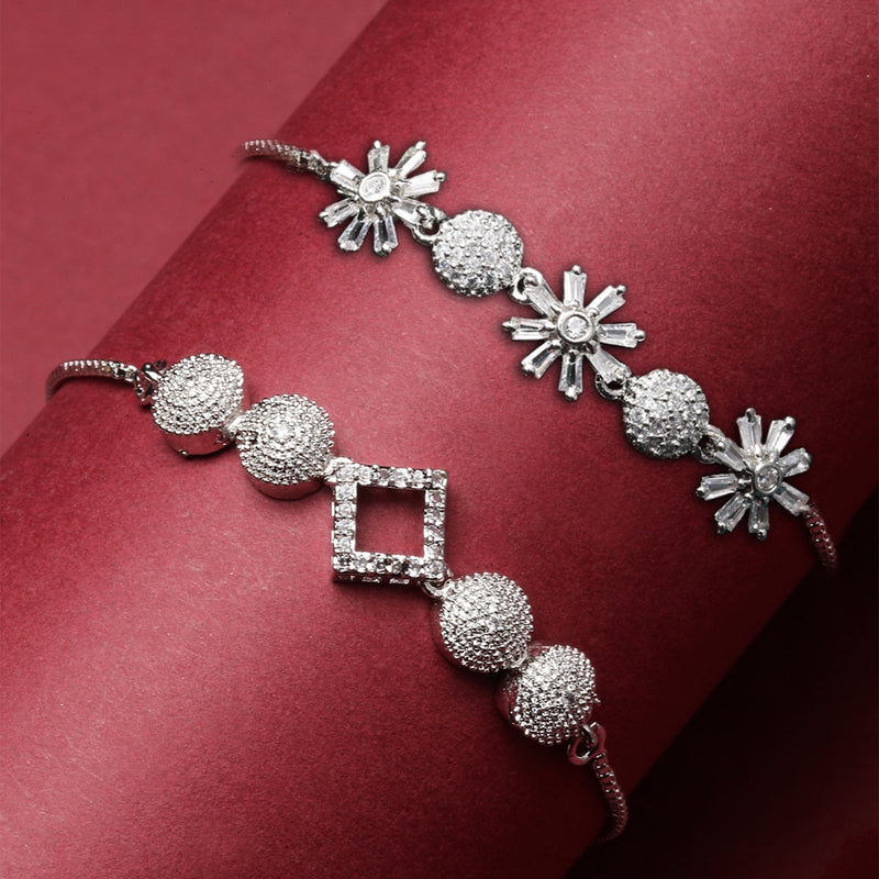 Rhodium Plated Silver Toned American Diamond Studded Square & Floral Charm Adjustable Bracelet Combo Set of 2
