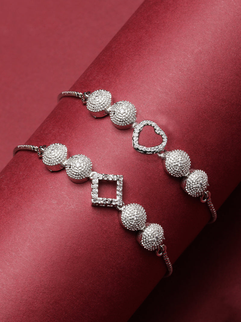 Rhodium Plated Silver Toned American Diamond Studded Halo Heart & Square Charm Adjustable Bracelet Combo Set of 2