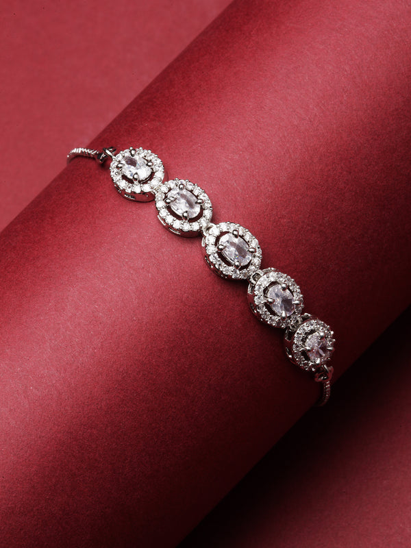 Rhodium-Plated Silver Toned White American Diamond studded Oval Shaped Link Bracelet