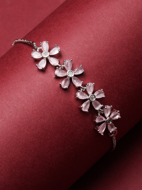 Rhodium-Plated Silver Toned Pink American Diamond studded Floral Shaped Link Bracelet