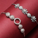 Rhodium Plated Silver Toned American Diamond Studded Halo Round Charm & Floral Design Adjustable Bracelet Combo Set of 2