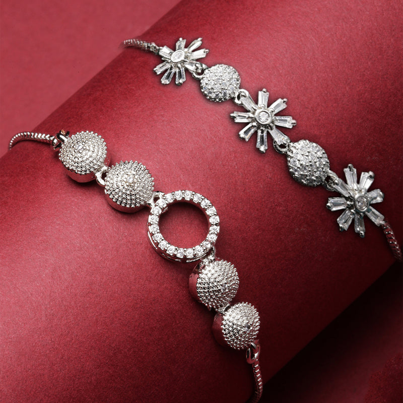 Rhodium Plated Silver Toned American Diamond Studded Halo Round Charm & Floral Design Adjustable Bracelet Combo Set of 2