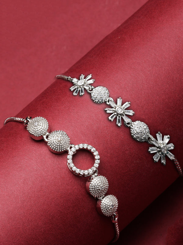 Rhodium Plated Silver Toned American Diamond Studded Halo Round Charm & Floral Design Adjustable Bracelet Combo Set of 2