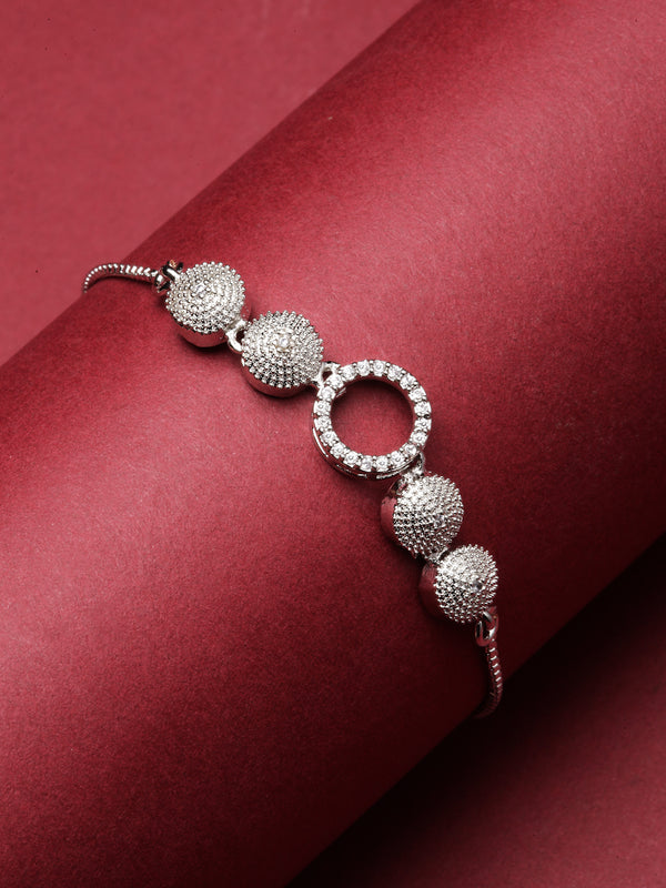 Rhodium-Plated Silver Toned White American Diamond studded Geometric Shaped Link Bracelet
