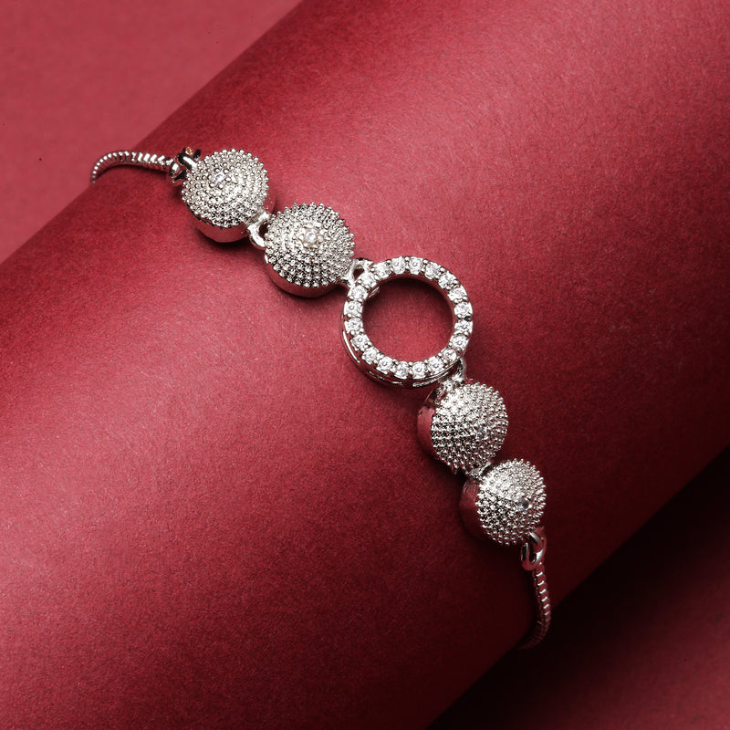 Rhodium-Plated Silver Toned Round Shaped White American Diamond studded  Bracelet