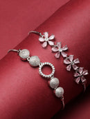 Rhodium Plated Silver Toned American Diamond Studded Round Charm & Pink Floral Design Adjustable Bracelet Combo Set of 2