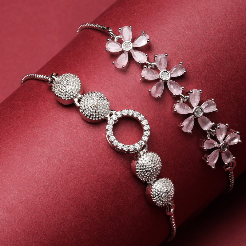 Rhodium Plated Silver Toned American Diamond Studded Round Charm & Pink Floral Design Adjustable Bracelet Combo Set of 2