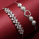 Rhodium Plated Silver Toned American Diamond Studded Heart Charm & White  Floral Design Adjustable Bracelet Combo Set of 2