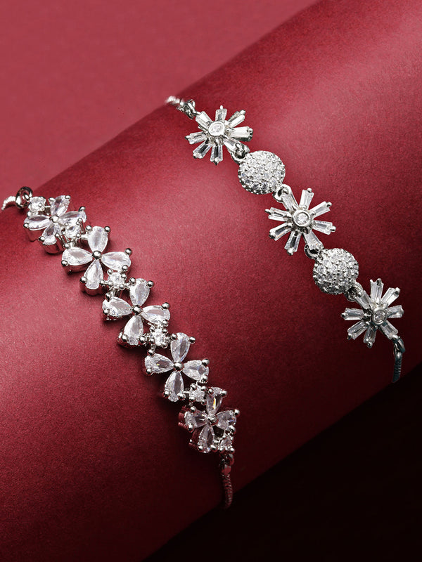 Rhodium Plated Silver Toned White Floral Set Of 2 Adjustable Stackable Bracelet