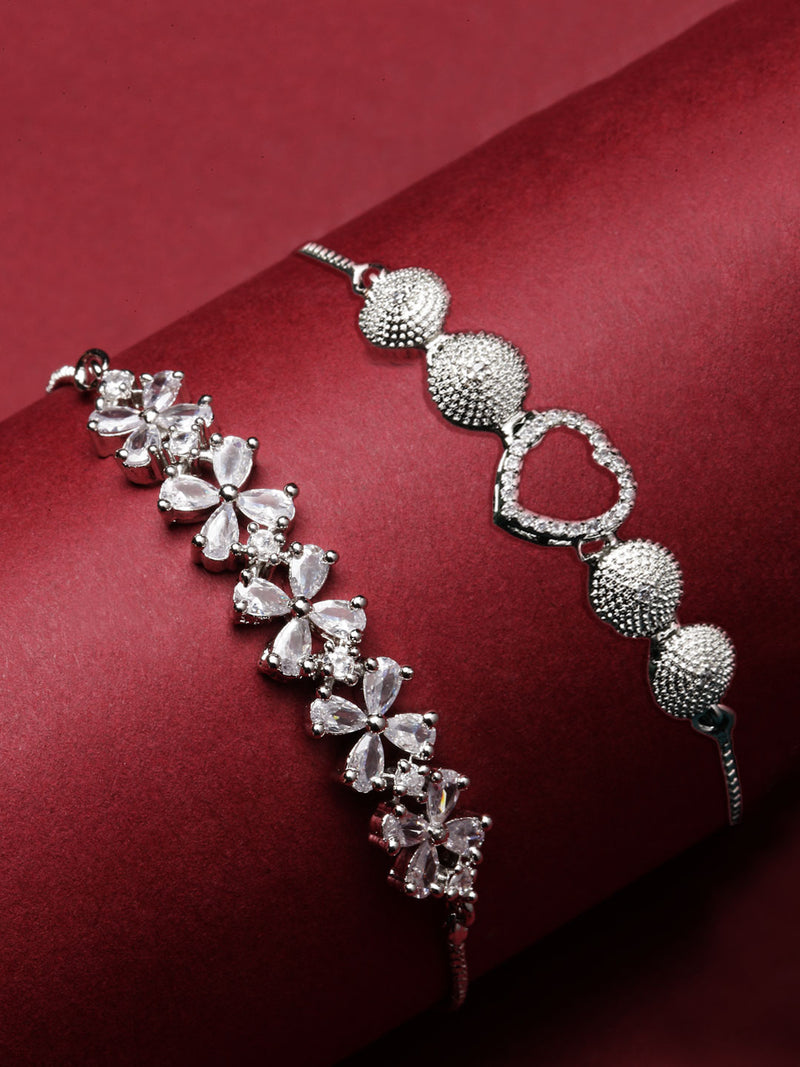 Rhodium Plated Silver Toned American Diamond Studded Heart Charm & White  Floral Design Adjustable Bracelet Combo Set of 2