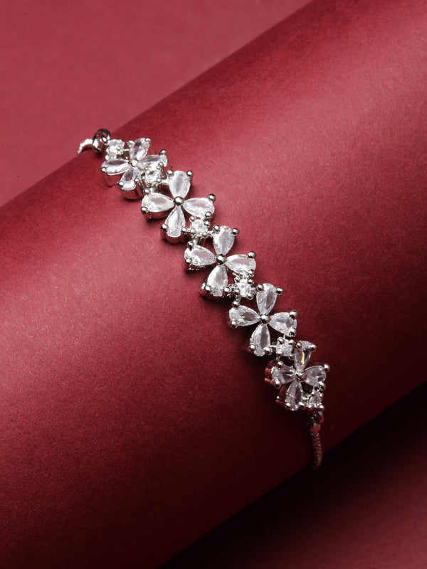 Rhodium-Plated Silver Toned White American Diamond studded Link Bracelet
