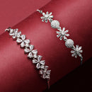Rhodium Plated Silver Toned White Floral Set Of 2 Adjustable Stackable Bracelet