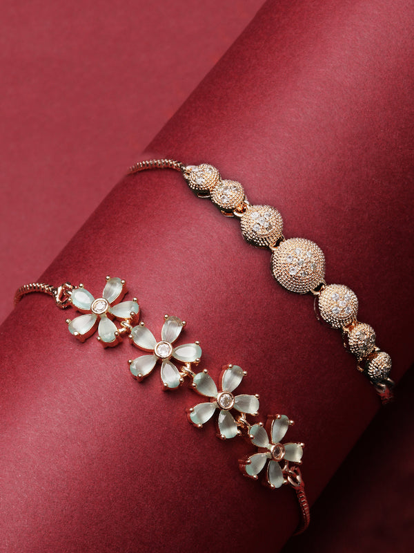 Rose Gold Plated Round Charm Beaded & Sea Green  Floral Design Set Of 2  Adjustable Stackable Bracelets