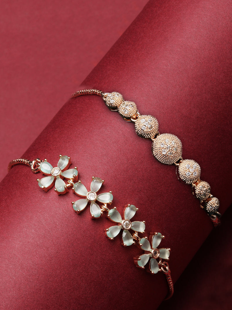 Rose Gold Plated Round Charm Beaded & Sea Green  Floral Design Set Of 2  Adjustable Stackable Bracelets