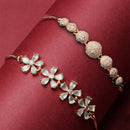 Rose Gold Plated Round Charm Beaded & Sea Green  Floral Design Set Of 2  Adjustable Stackable Bracelets