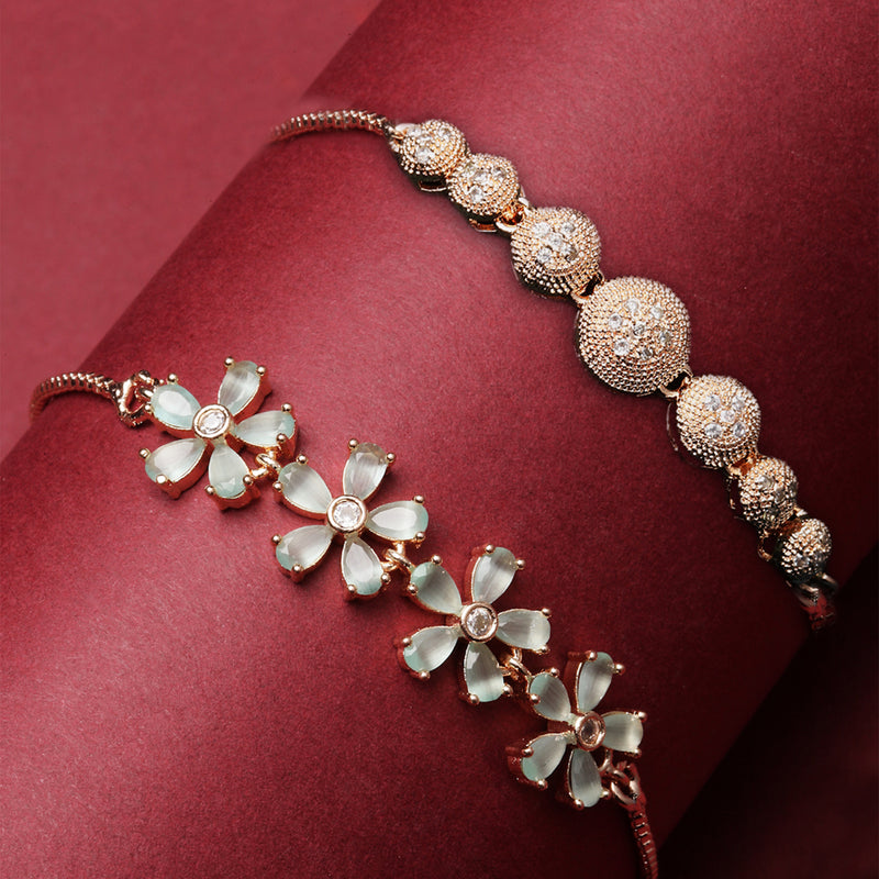 Rose Gold Plated Round Charm Beaded & Sea Green  Floral Design Set Of 2  Adjustable Stackable Bracelets