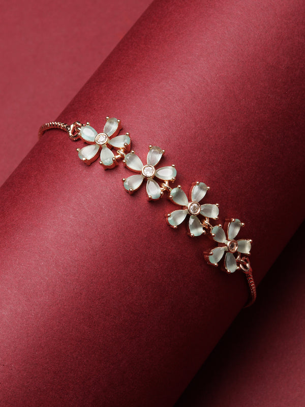 Rose Gold-Plated Sea Green American Diamond studded Floral Shaped Link Bracelet