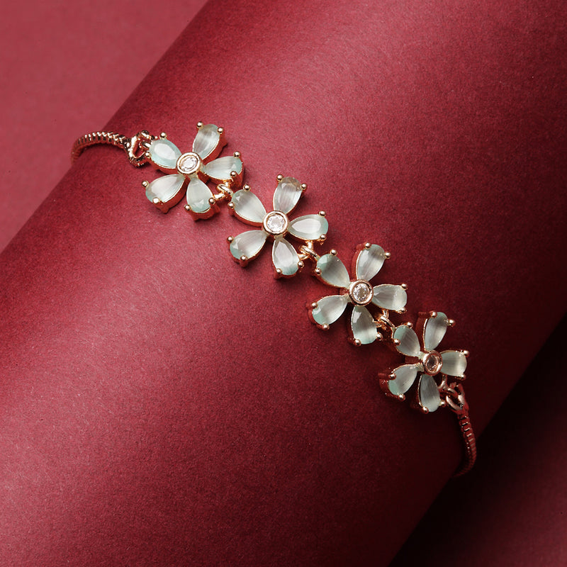 Rose Gold-Plated Floral Shaped Sea Green American Diamond Studded Bracelet
