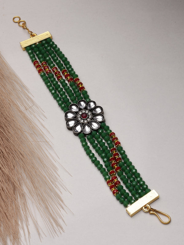 Gold-Plated Green & Red Kundan studded Multistrand Bracelet