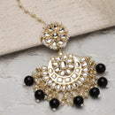Gold-Plated Floral Black Pearl & Kundan studded  Chandbali Maang Tikka