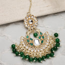 Gold-Plated Floral Green Pearl & Kundan studded  Chandbali Maang Tikka