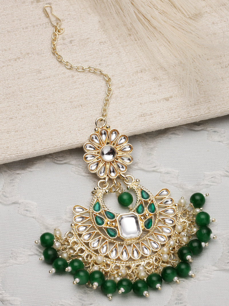 Gold-Plated Green & White Kundan studded Maang Tikka